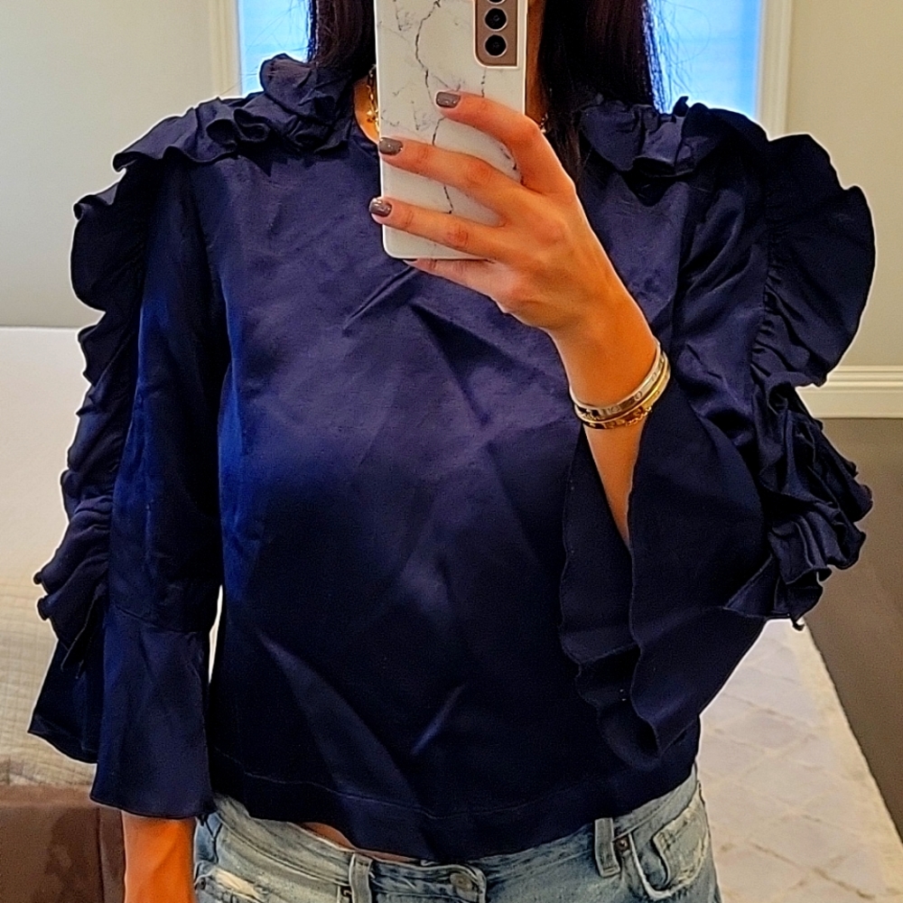 WOMEN'S NAVY BLUE RUFFLE SILK BLOUSE SHIRT MADE IN ITALY